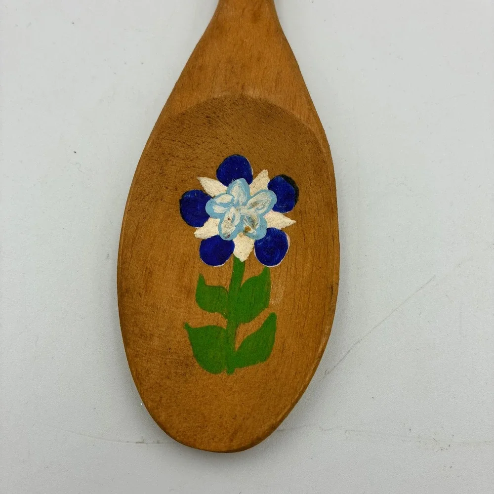 Vintage 1976 Hand Painted Wooden Spoon Spatula Set Folk Art Floral 3pc Decor‎